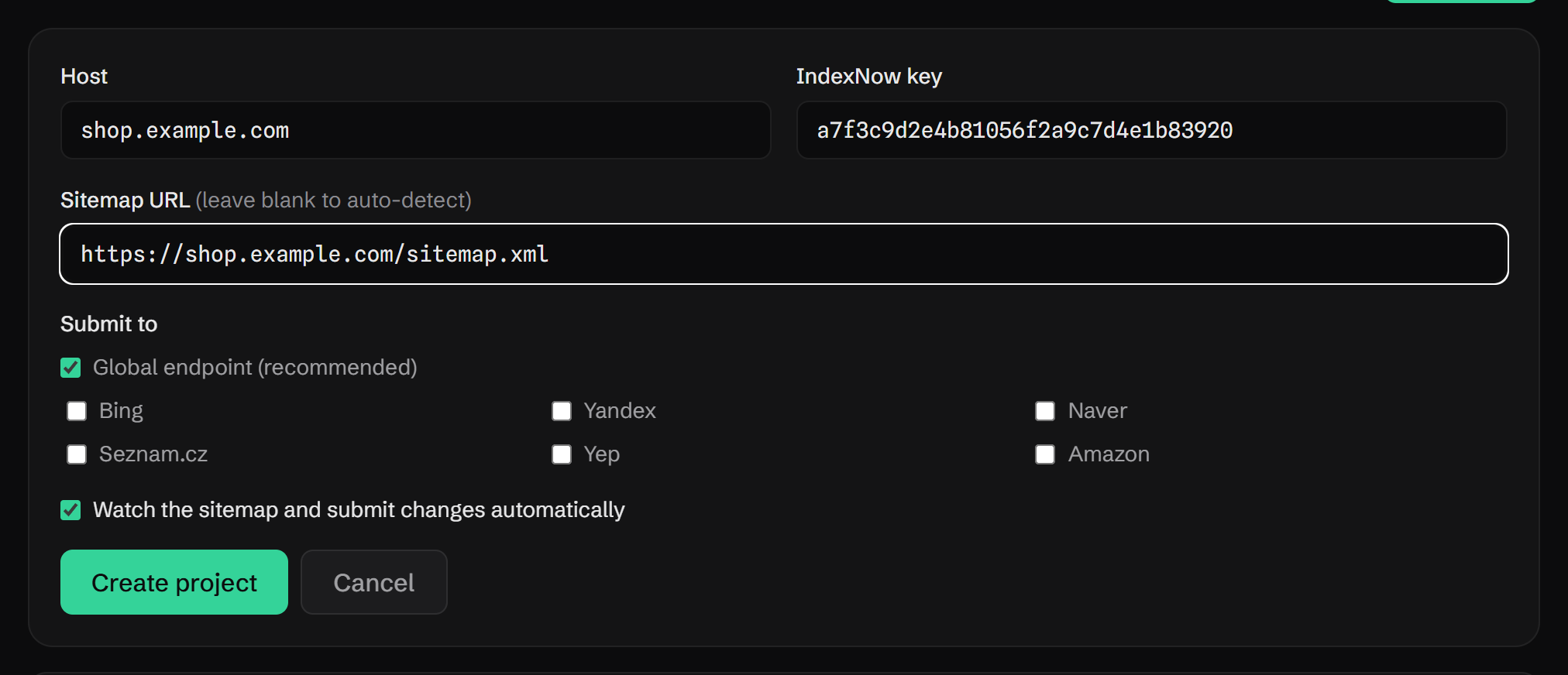 The add-project form with fields for host, IndexNow key and sitemap URL, checkboxes to choose engines, and a checkbox to watch the sitemap and submit changes automatically.