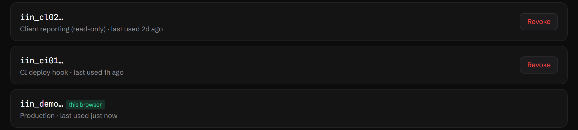 Three API keys listed with individual names (Client reporting (read-only), CI deploy hook, and Production) each showing when it was last used, with revoke buttons.