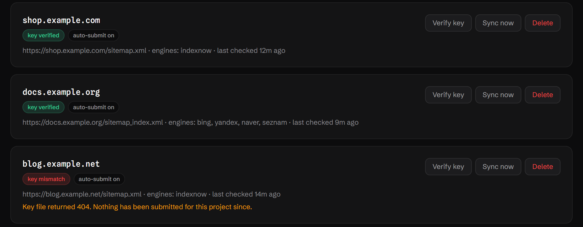 Three projects listed in the dashboard: two with a green "key verified" badge, and one showing "key mismatch" with the message "Key file returned 404. Nothing has been submitted for this project since."